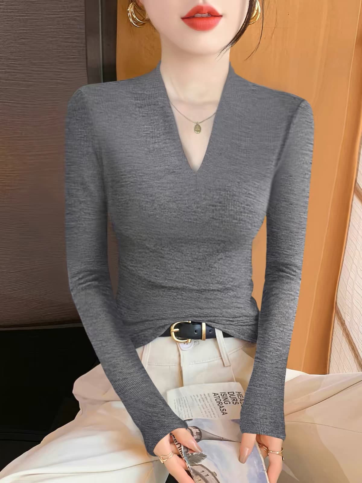 회색 V넥 기본 셔츠 여성 봄 가을 겨울 2026 새로운 고급 센스 인사이드 가져 가라. 몸매 가꾸기 긴팔 니트 외국 가스 맨위 상세 이미지 4