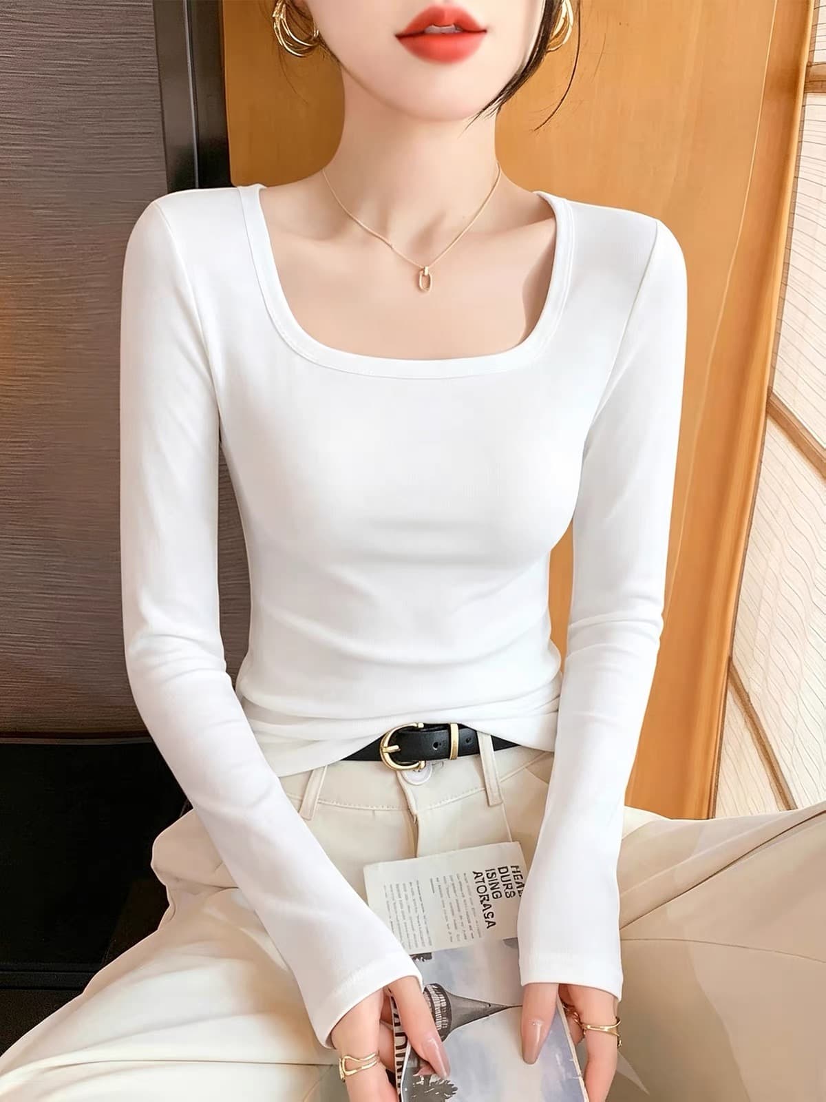 검정색 광장 칼라 기본 셔츠 여성 긴 소매 티셔츠 봄 가을 2026 새로운 인사이드 가져 가라. 몸매 가꾸기 대 네클라인 니트 맨위 상세 이미지 1
