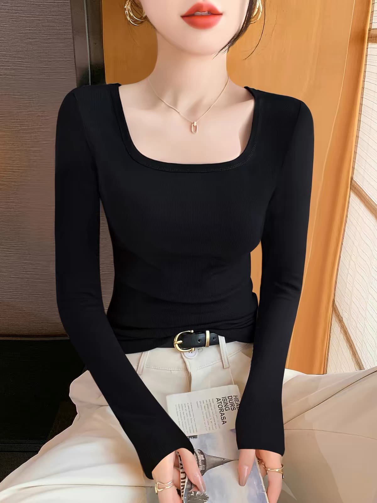 검정색 광장 칼라 기본 셔츠 여성 긴 소매 티셔츠 봄 가을 2026 새로운 인사이드 가져 가라. 몸매 가꾸기 대 네클라인 니트 맨위 상세 이미지 3
