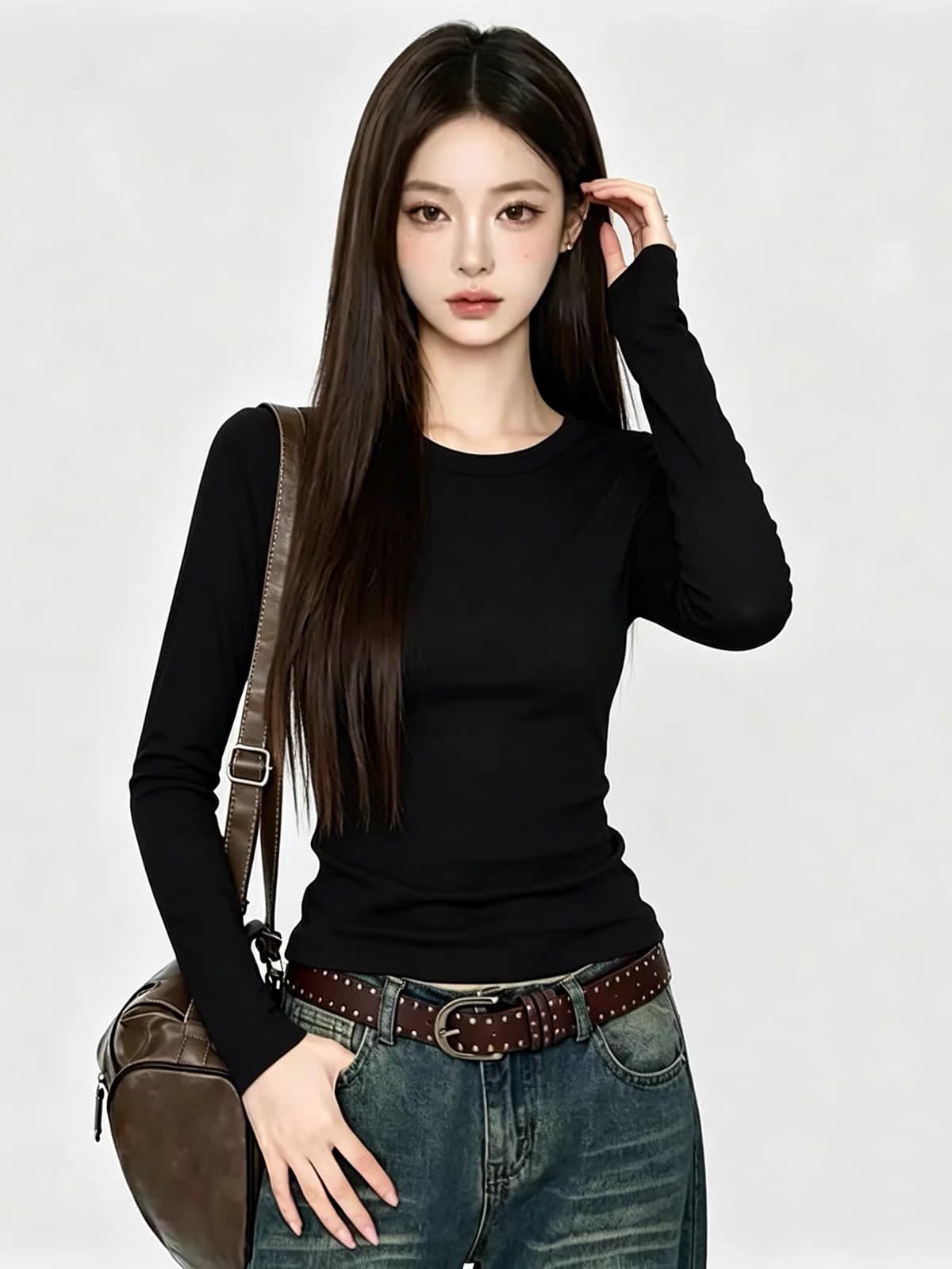 2026 새로운 Chic 고유 한 핫걸 라운드 넥 검정색 만나는 긴팔 티셔츠 여성 가을 디자인 센스 작은 대중 맨위 상세 이미지 8