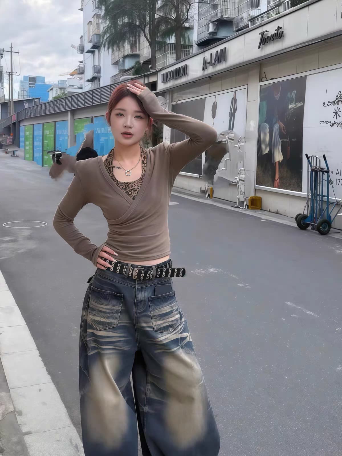 핫걸 바람 레오파드 무늬 페이크 레이어드 행침 목 V넥 긴팔 티셔츠 여성 조기 가을 주름 허리 수축 디스플레이 몸매 가꾸기 긴팔 여성 상세 이미지 3