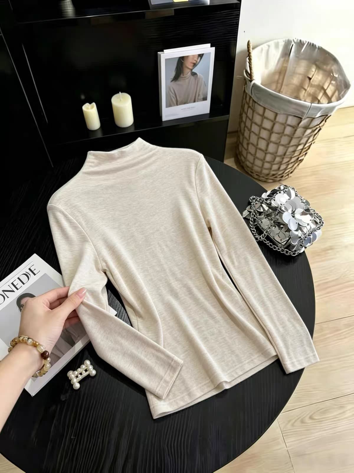 오트밀 색상 라이 경기 서울 주간 실크 반하이넥 기본 셔츠 가을 기초 섹션 인사이드 가져 가라. 슈퍼 폭탄 부드러운 찹쌀 긴팔 티셔츠 여성 상세 이미지 3