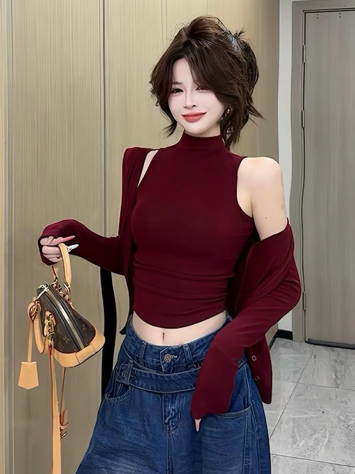 가을 2026 새로운 몸매 가꾸기 슬림해 보이는 순수한 욕망 연령 감소 몸매 가꾸기 품격 투피스 세트 기본 셔츠 긴팔 티셔츠 맨위