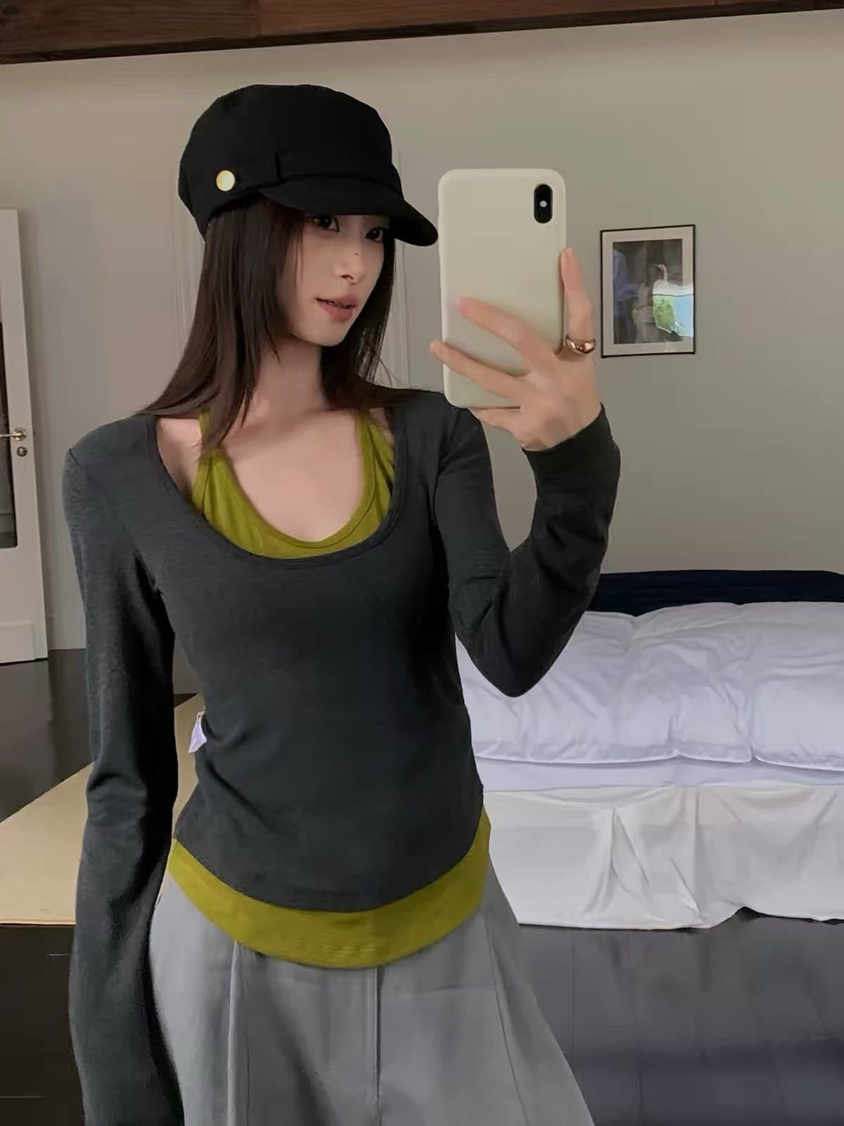 행침 목 페이크 레이어드 몸매 가꾸기 긴팔 티셔츠 여성 가을 디자인 센스 맨위 여성 기본 셔츠 맨위 이미지 3