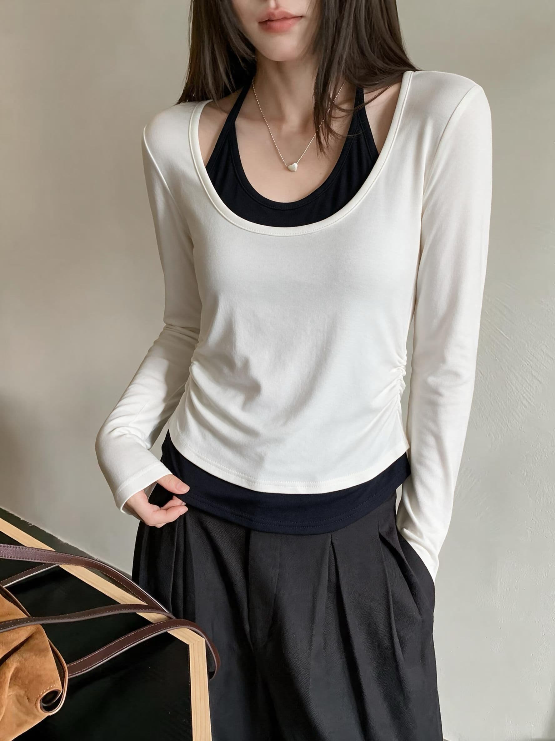 행침 목 페이크 레이어드 몸매 가꾸기 긴팔 티셔츠 여성 가을 디자인 센스 맨위 여성 기본 셔츠 맨위 상세 이미지 7
