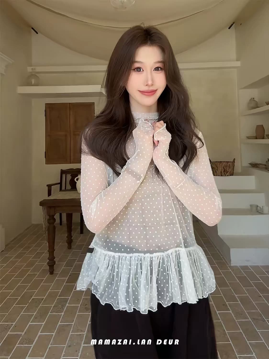투명 도트 무늬 레이스 망사 반하이넥 긴팔 인사이드 가져 가라. 기본 셔츠 여성 가을 스택 착용 Tulle 맨위 한 부서