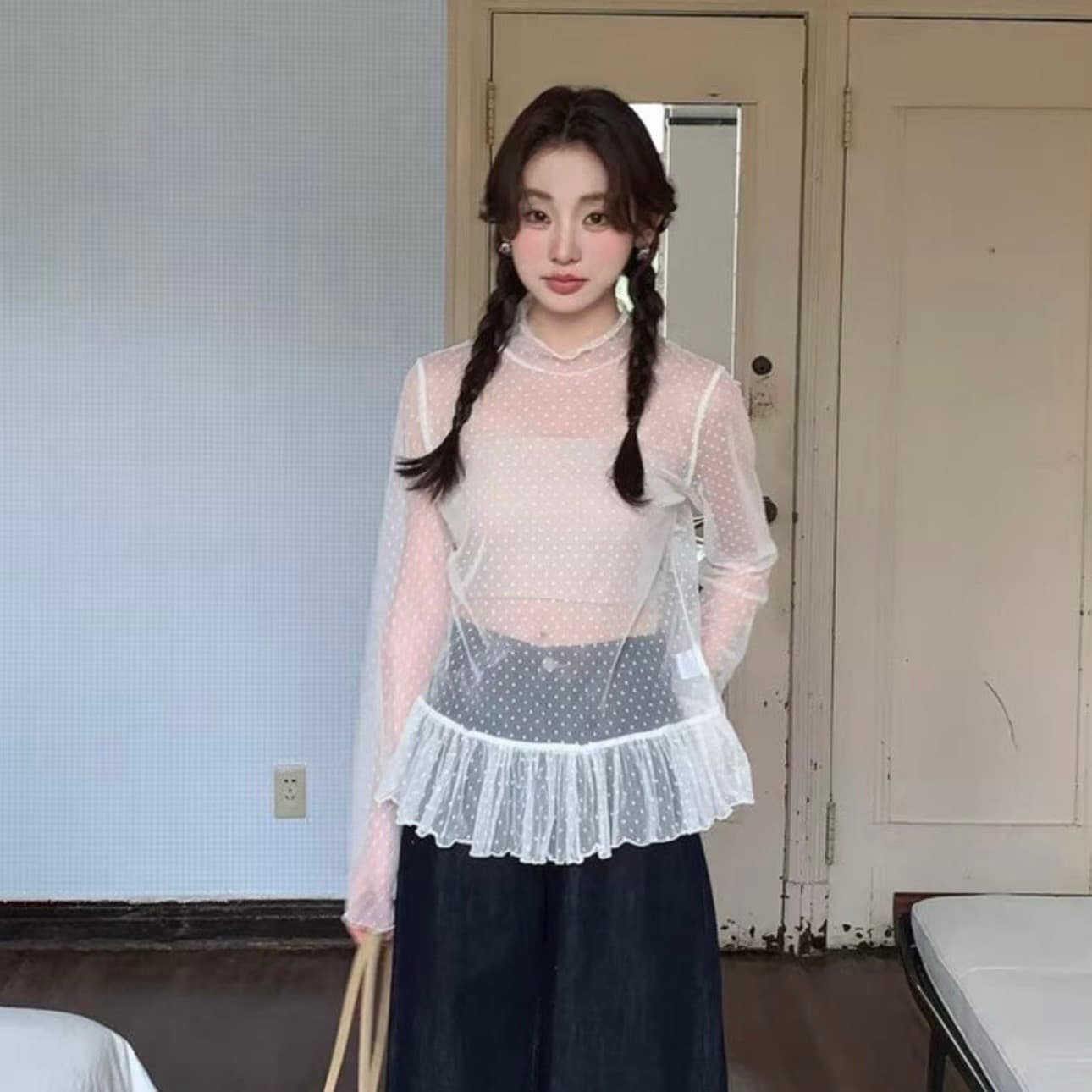 투명 도트 무늬 레이스 망사 반하이넥 긴팔 인사이드 가져 가라. 기본 셔츠 여성 가을 스택 착용 Tulle 맨위 한 부서 이미지 5