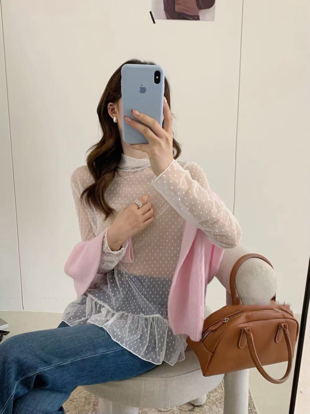 투명 도트 무늬 레이스 망사 반하이넥 긴팔 인사이드 가져 가라. 기본 셔츠 여성 가을 스택 착용 Tulle 맨위 한 부서 상세 이미지 4