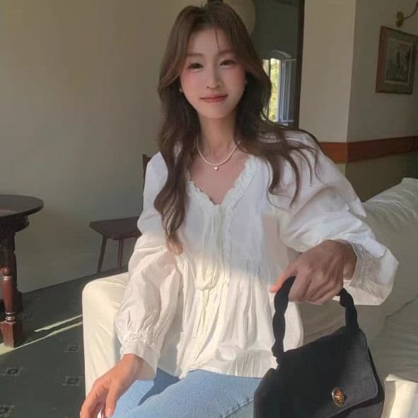 보존 폭발 추천 부드러운 소녀 프랑스식 프릴 레이스업 V넥 화이트 여성 셔츠 가을 맨위 상세 이미지 6