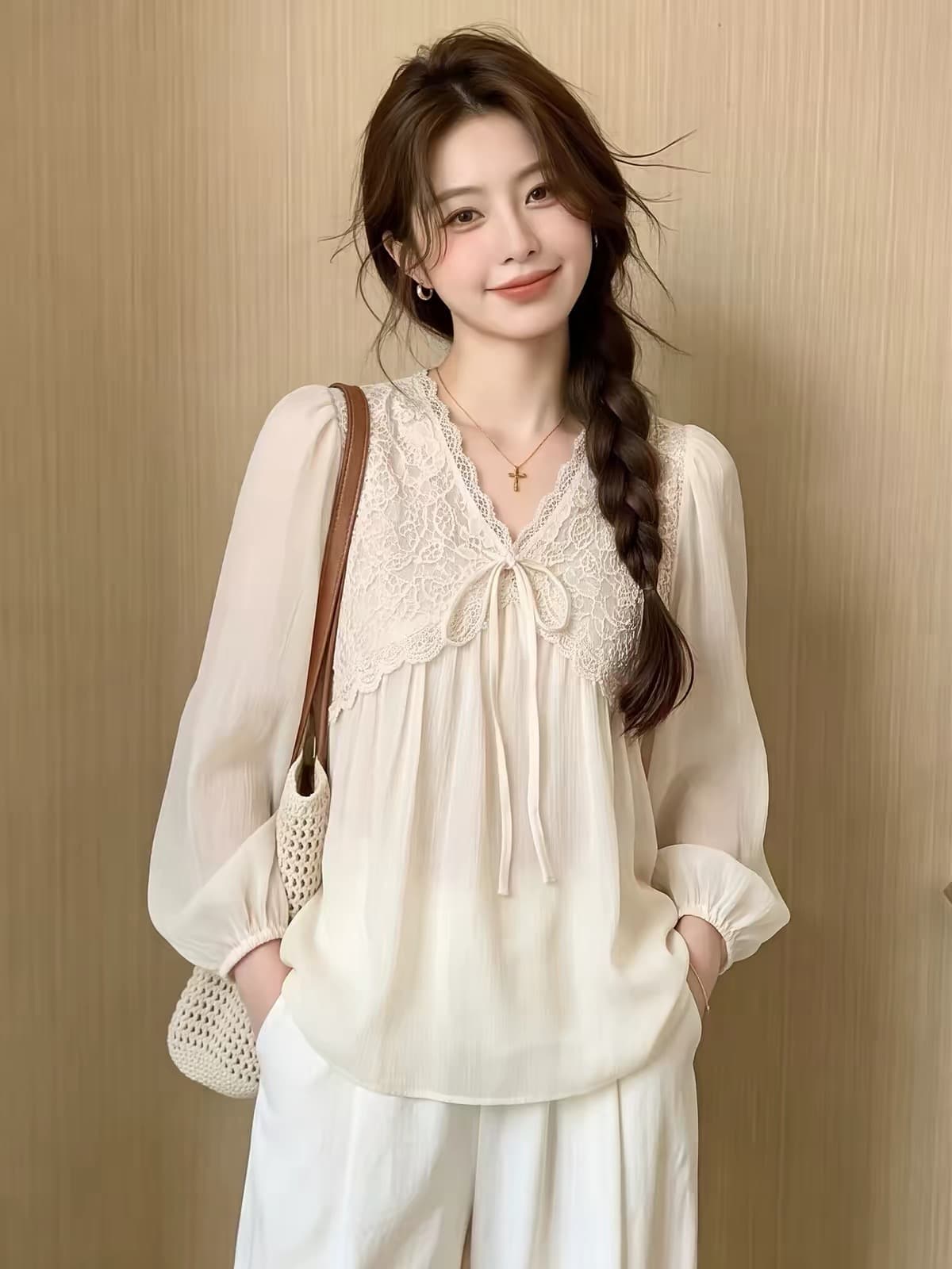 쌀 살구 색상 V 넥 셔츠 시시 가을 출퇴근 바람 루즈핏 레이스 레이스업 일상 벌룬 소매 긴팔 작은 셔츠 맨위