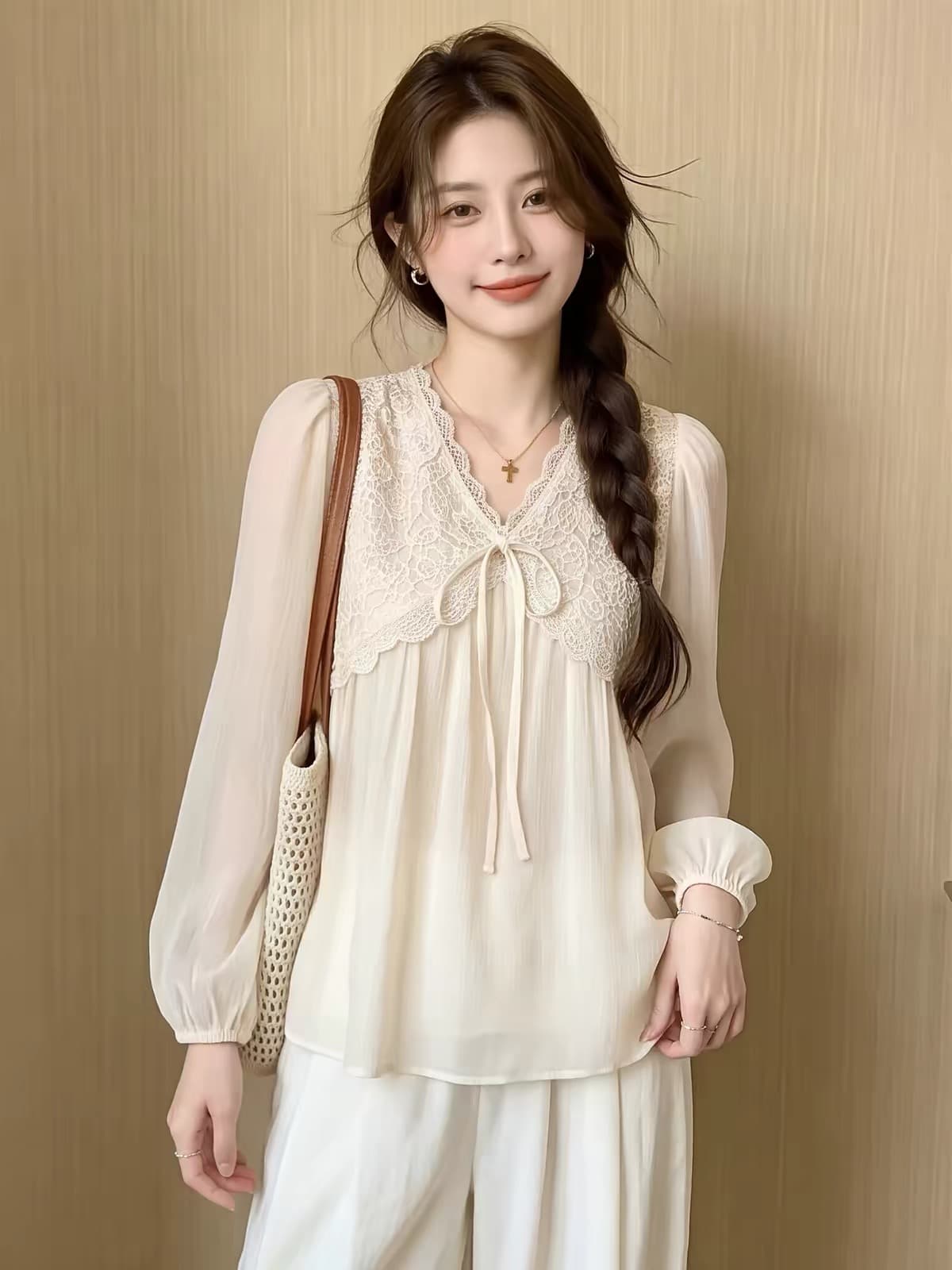 쌀 살구 색상 V 넥 셔츠 시시 가을 출퇴근 바람 루즈핏 레이스 레이스업 일상 벌룬 소매 긴팔 작은 셔츠 맨위 이미지 3