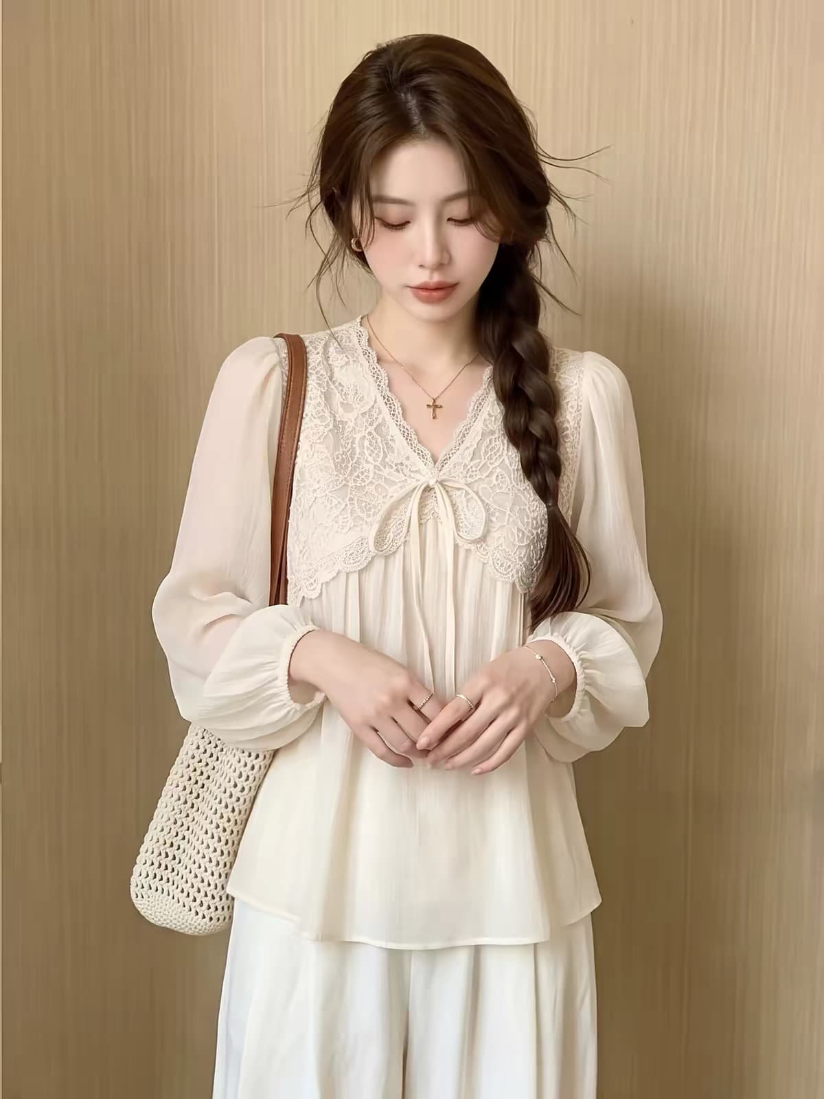 쌀 살구 색상 V 넥 셔츠 시시 가을 출퇴근 바람 루즈핏 레이스 레이스업 일상 벌룬 소매 긴팔 작은 셔츠 맨위 이미지 4