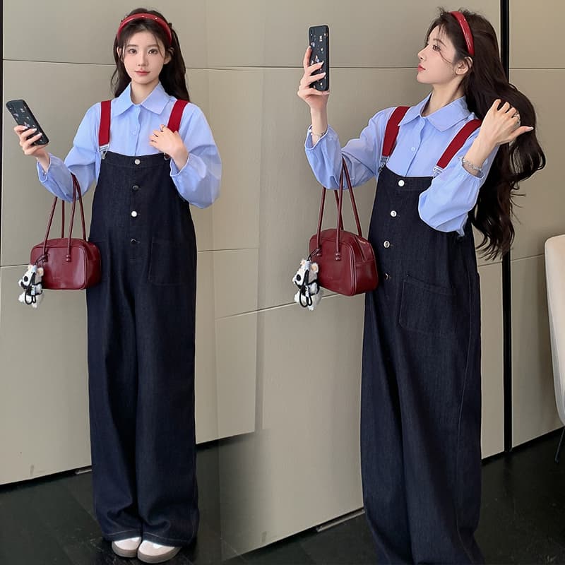 지금 지금 실사 폭발 2026 년 가을 겨울 새로운 레트로 멜빵 바지 임산부 넓은 다리 청바지 셔츠 맨위 이미지 4