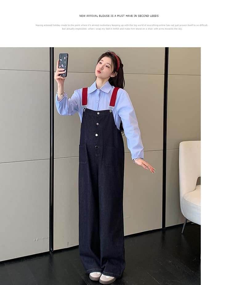 지금 지금 실사 폭발 2026 년 가을 겨울 새로운 레트로 멜빵 바지 임산부 넓은 다리 청바지 셔츠 맨위 상세 이미지 15