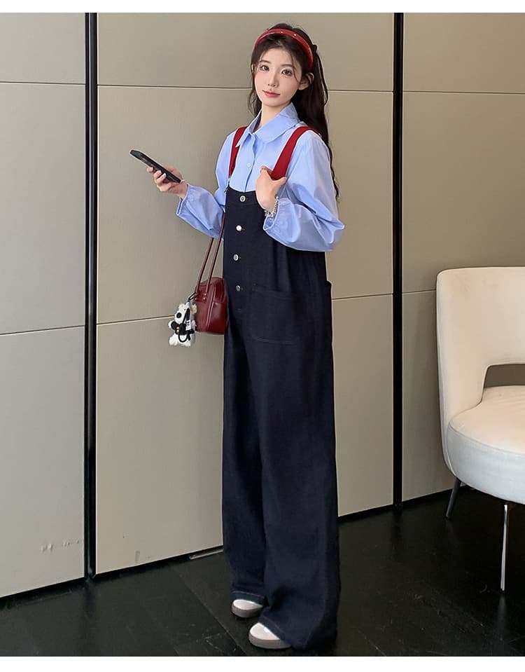 지금 지금 실사 폭발 2026 년 가을 겨울 새로운 레트로 멜빵 바지 임산부 넓은 다리 청바지 셔츠 맨위 상세 이미지 23
