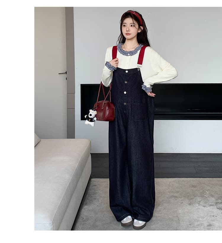 지금 지금 실사 폭발 2026 년 가을 겨울 새로운 레트로 멜빵 바지 임산부 넓은 다리 청바지 니트 스웨터 상세 이미지 21