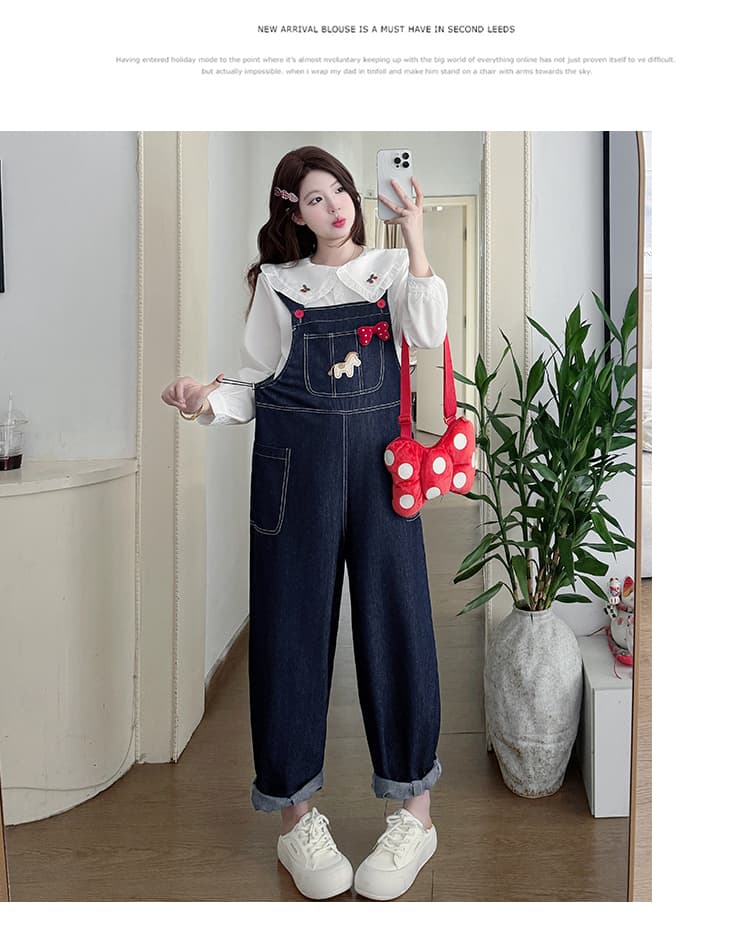 지금 지금 실사 2026 가을 새로운 자수 만화 임산부 귀여운 데님 멜빵 바지 베이비 칼라 맨위 상세 이미지 20
