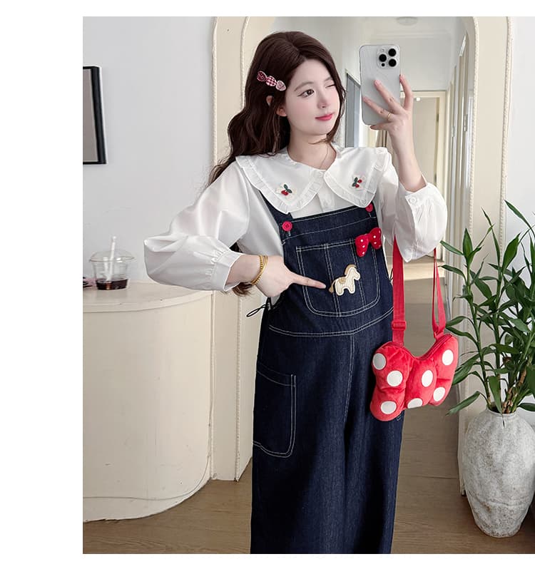 지금 지금 실사 2026 가을 새로운 자수 만화 임산부 귀여운 데님 멜빵 바지 베이비 칼라 맨위 상세 이미지 21