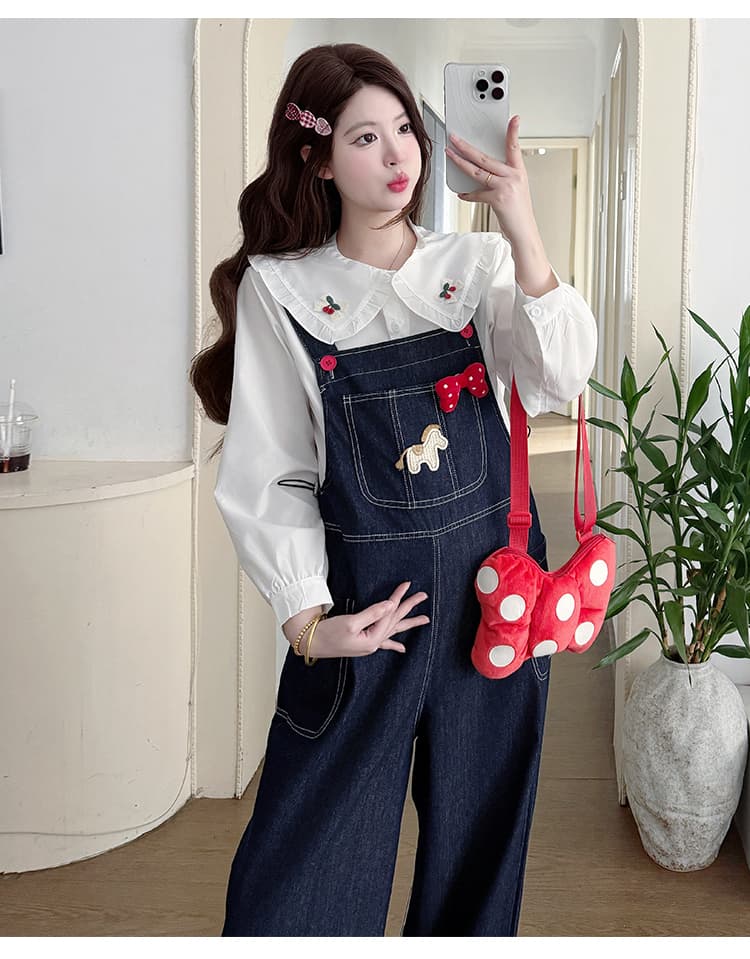 지금 지금 실사 2026 가을 새로운 자수 만화 임산부 귀여운 데님 멜빵 바지 베이비 칼라 맨위 상세 이미지 22