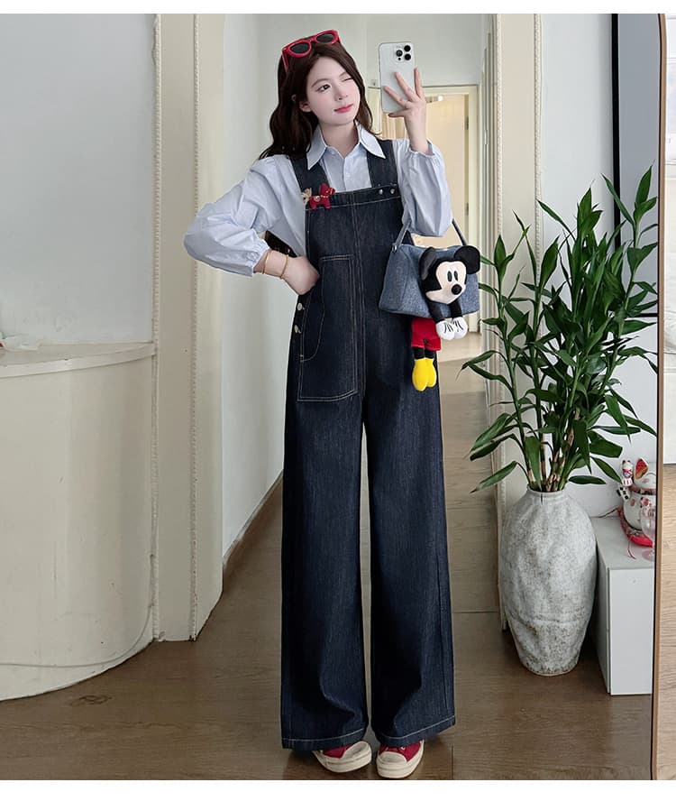 지금 지금 실사 2026 가을 새로운 넓은 다리 루즈핏 귀여운 임산부 다시 소 바지 하늘색 셔츠 상세 이미지 13