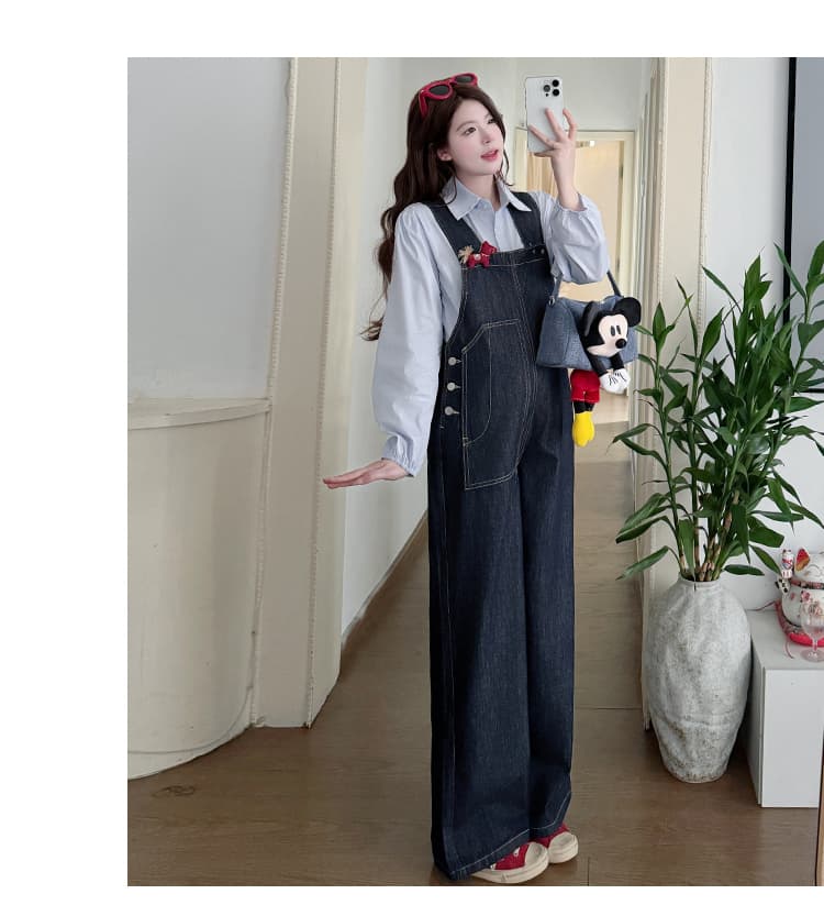 지금 지금 실사 2026 가을 새로운 넓은 다리 루즈핏 귀여운 임산부 다시 소 바지 하늘색 셔츠 상세 이미지 15