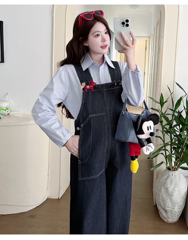 지금 지금 실사 2026 가을 새로운 넓은 다리 루즈핏 귀여운 임산부 다시 소 바지 하늘색 셔츠 상세 이미지 22