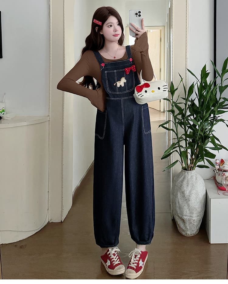 지금 지금 실사 2026 가을 새로운 자수 만화 임산부 귀여운 데님 멜빵 바지 나팔 순면 맨위 상세 이미지 28