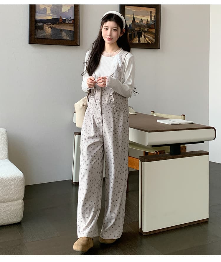 실사 2026 봄 새로운 넓은 다리 루즈핏 임산부 캐주얼 니트 프린트 멜빵 바지 신축성 레이스 맨위 상세 이미지 12