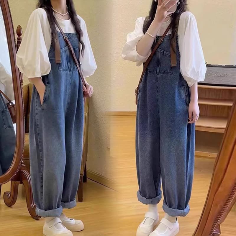 실사 2026 봄 새로운 임산부 데님 멜빵 바지 거품 소매 맨위 이미지 2