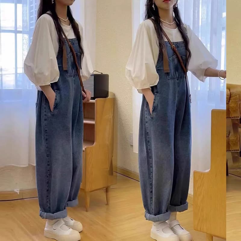실사 2026 봄 새로운 임산부 데님 멜빵 바지 거품 소매 맨위 이미지 3