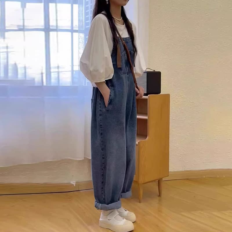 실사 2026 봄 새로운 임산부 데님 멜빵 바지 거품 소매 맨위 이미지 4