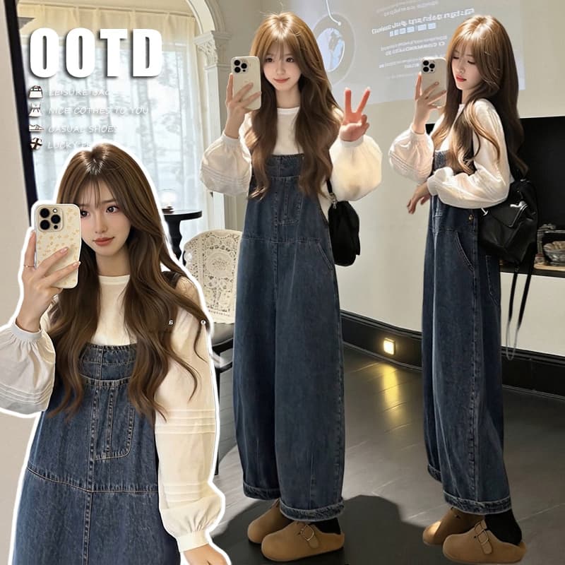 2026 가을 새로운 임산부 섹션 루즈핏 넓은 다리 데님 멜빵 바지 순면 버블 긴팔 맨위 이미지 2