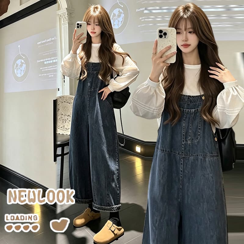 2026 가을 새로운 임산부 섹션 루즈핏 넓은 다리 데님 멜빵 바지 순면 버블 긴팔 맨위 이미지 3