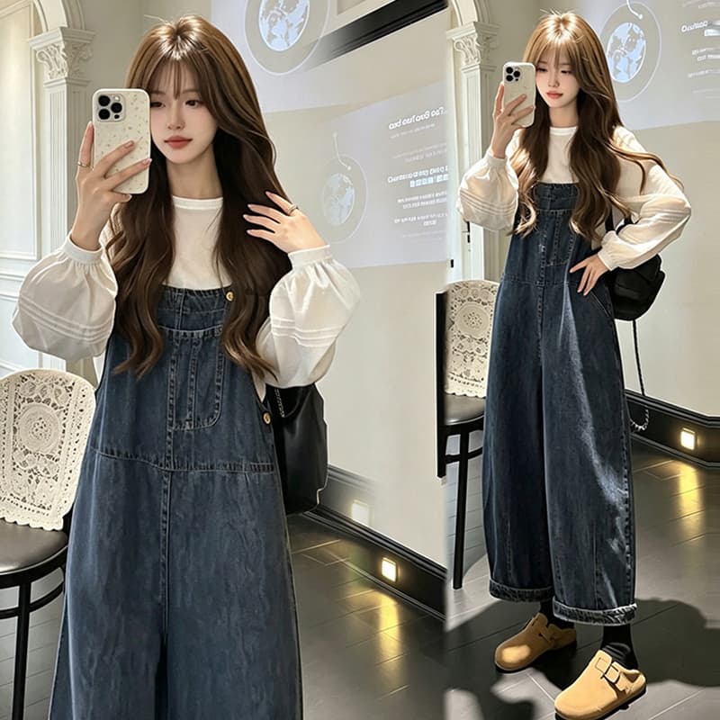 2026 가을 새로운 임산부 섹션 루즈핏 넓은 다리 데님 멜빵 바지 순면 버블 긴팔 맨위 이미지 4