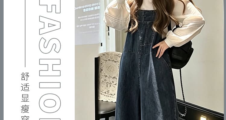 2026 가을 새로운 임산부 섹션 루즈핏 넓은 다리 데님 멜빵 바지 순면 버블 긴팔 맨위 상세 이미지 2