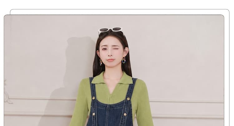 지금 2026 가을 새로운 임산부 레트로 더블 어깨끈 한국 스타일 데님 멜빵 바지 버터 과일 녹색 진주 오픈 가디건 상세 이미지 9