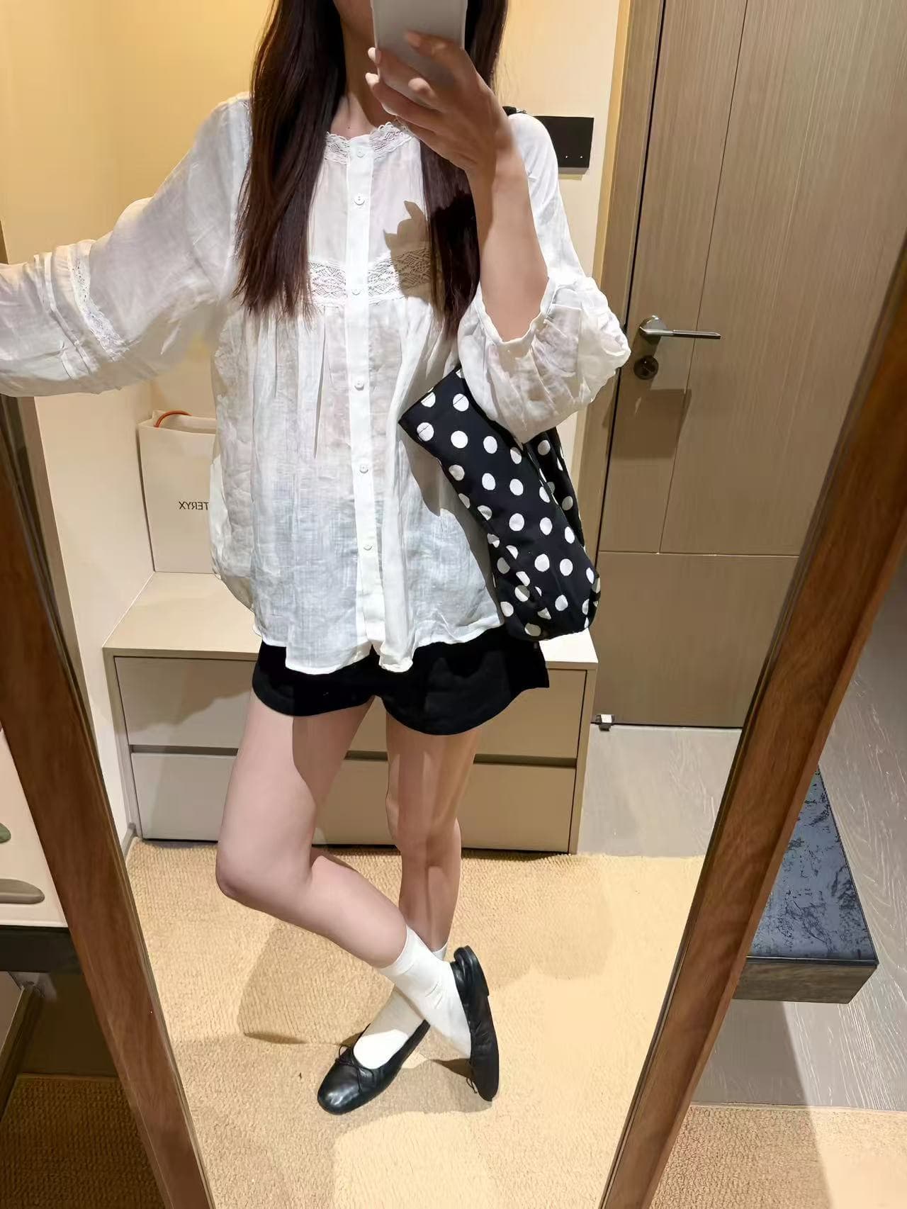 레트로 라미 랜턴 9부 소매 인형 셔츠 프랑스식 패치워크 레이스 캐주얼 다용도 맨위 여성