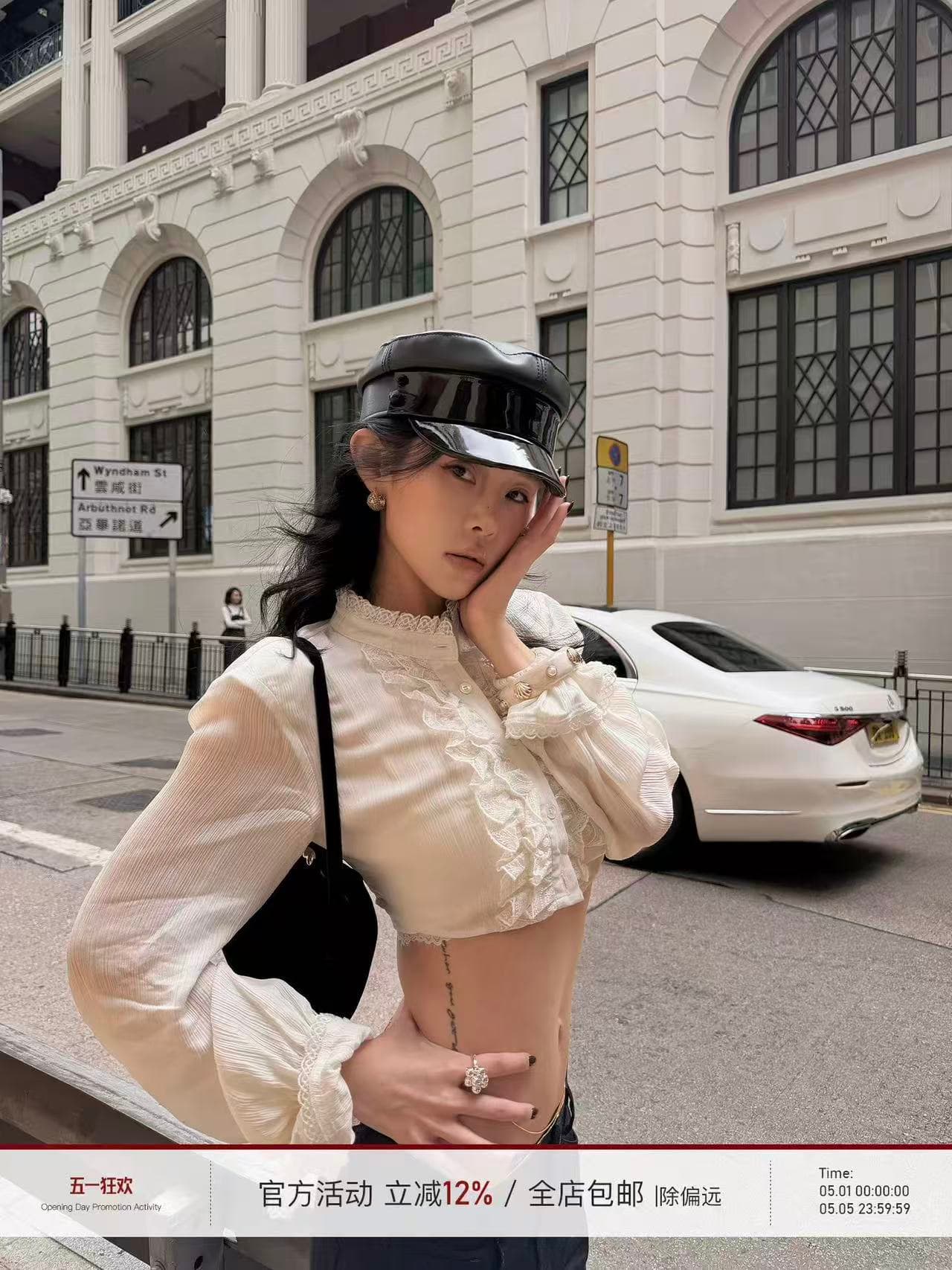ㅁ 1 새의 부름 레이스 조각 쇼트 스타일 여성 셔츠 봄 스탠드 칼라 긴팔 긍정적 인 어깨 화이트 이슬 뼈의 맨위 이미지 3