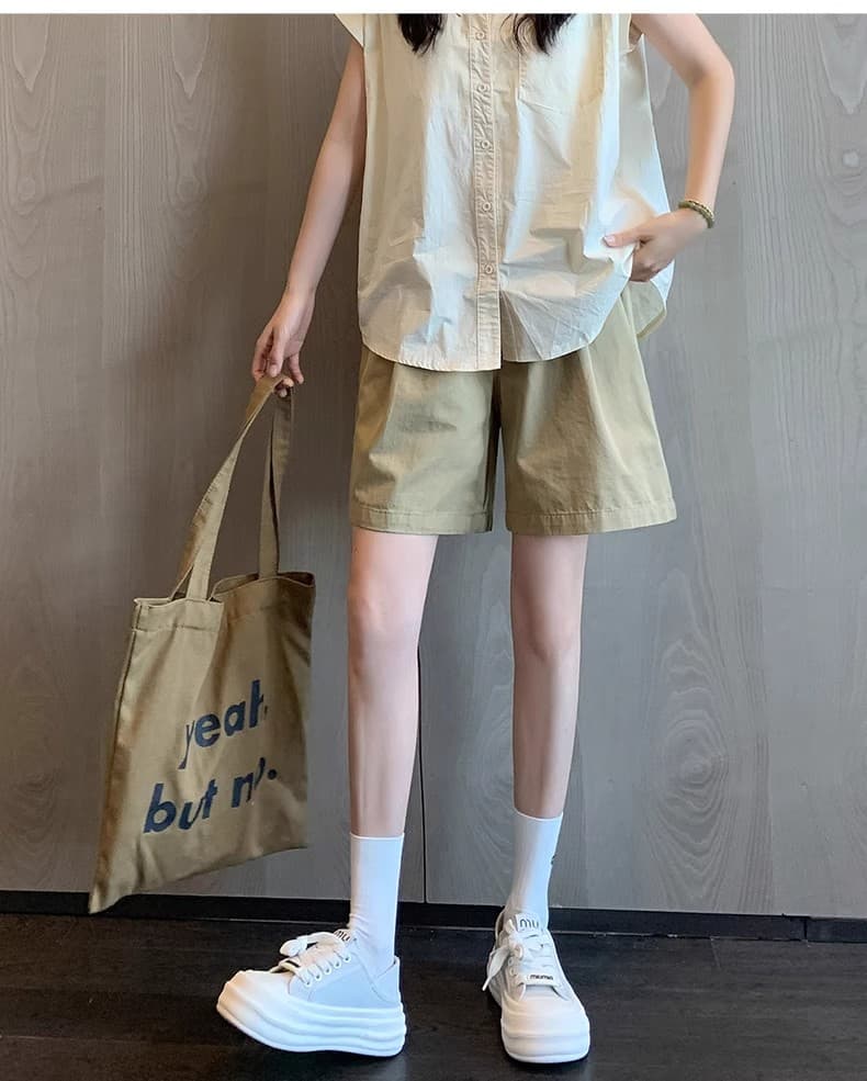 원본 테두리 정장 반바지 여성 여름 하이웨이스트 얇은 스타일 캐주얼 여성용 바지 순면 넓은 다리 5 점 바지 상세 이미지 24