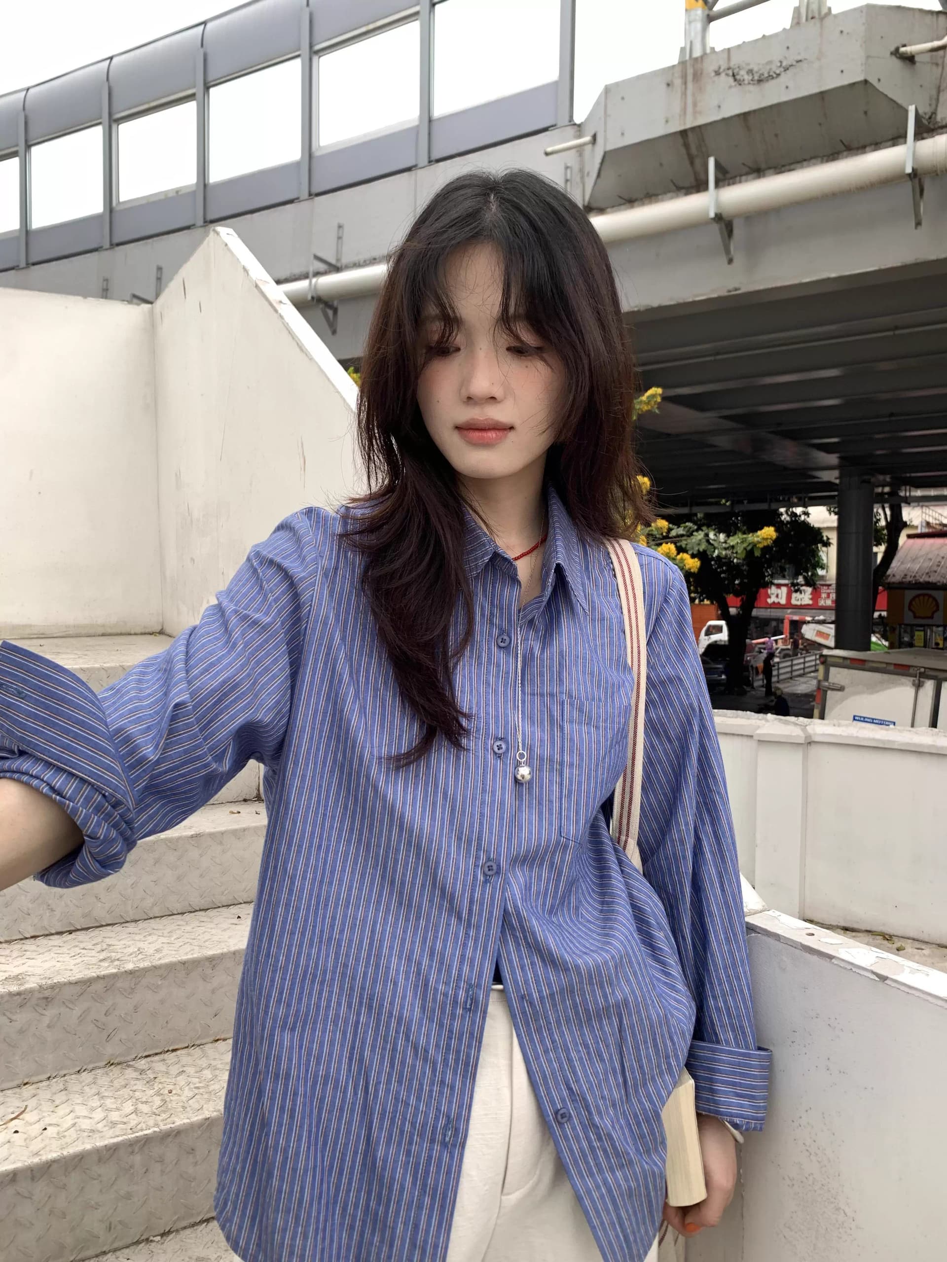 원본 워싱 면 100% 레트로 스트라이프 셔츠 디자인 센스 폴로 칼라 셔츠 얇은 스타일 긴팔 맨위 상세 이미지 5