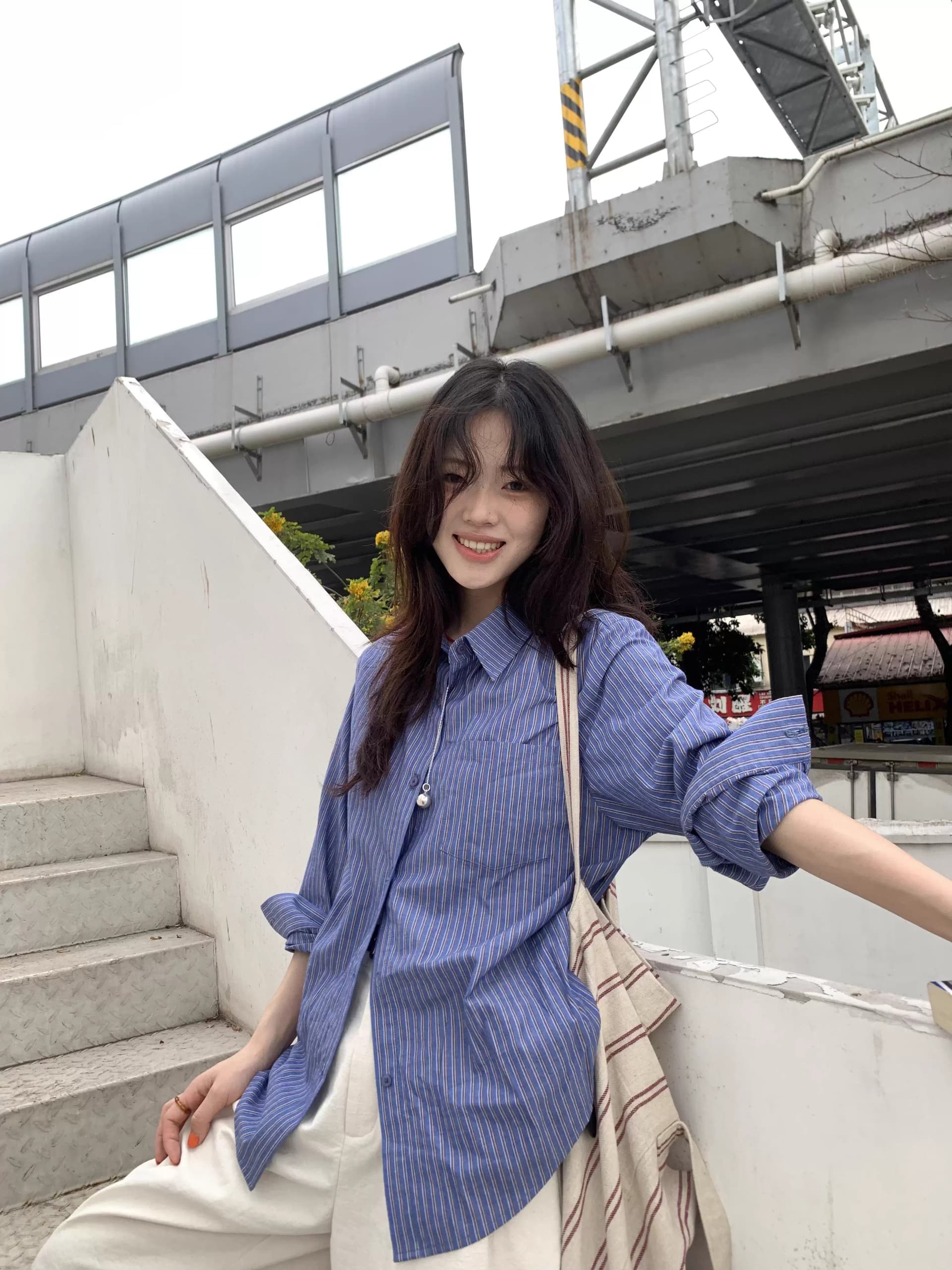 원본 워싱 면 100% 레트로 스트라이프 셔츠 디자인 센스 폴로 칼라 셔츠 얇은 스타일 긴팔 맨위 상세 이미지 7