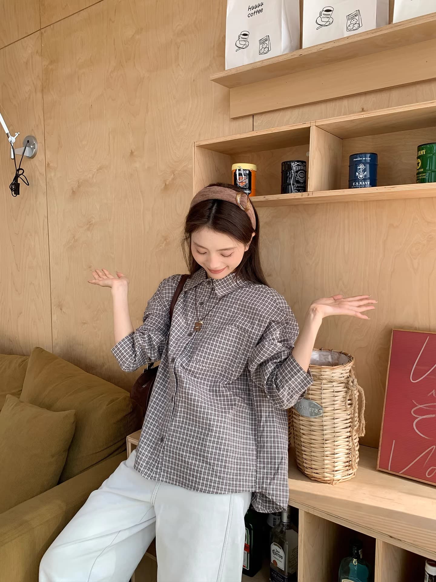 50 면 원본 커피 체크무늬 여성 셔츠 2026 새로운 루즈핏 긴팔 셔츠 맨위 상세 이미지 2