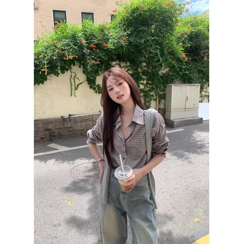 50 면 원본 한 부서 레트로 체크무늬 긴팔 여성 셔츠 루즈핏 캐주얼 작은 키 디자인 셔츠