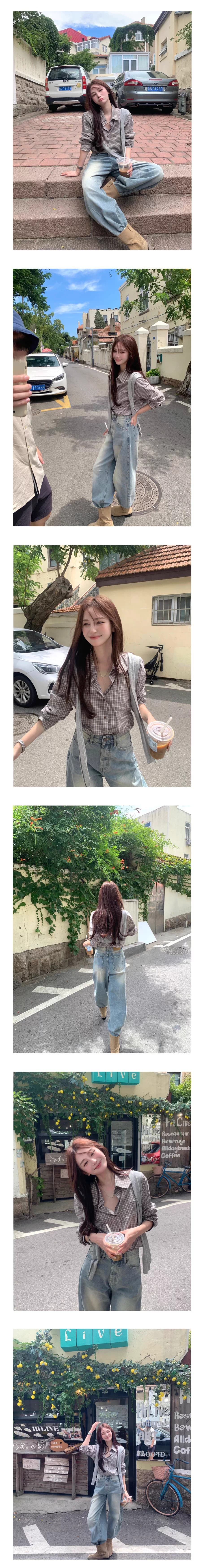50 면 원본 한 부서 레트로 체크무늬 긴팔 여성 셔츠 루즈핏 캐주얼 작은 키 디자인 셔츠 상세 이미지 2