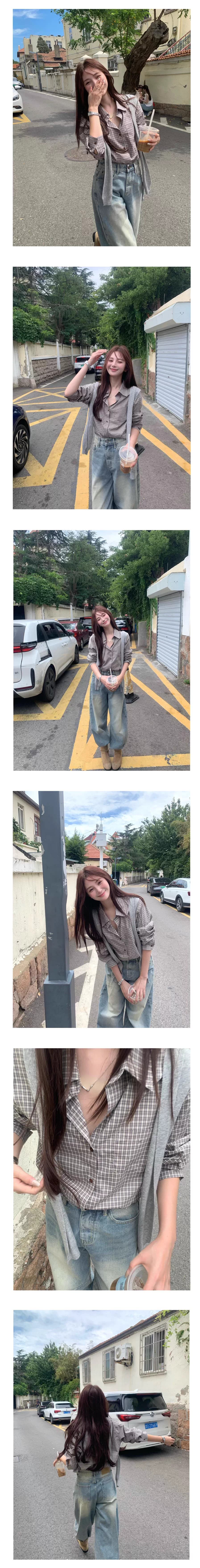 50 면 원본 한 부서 레트로 체크무늬 긴팔 여성 셔츠 루즈핏 캐주얼 작은 키 디자인 셔츠 상세 이미지 3