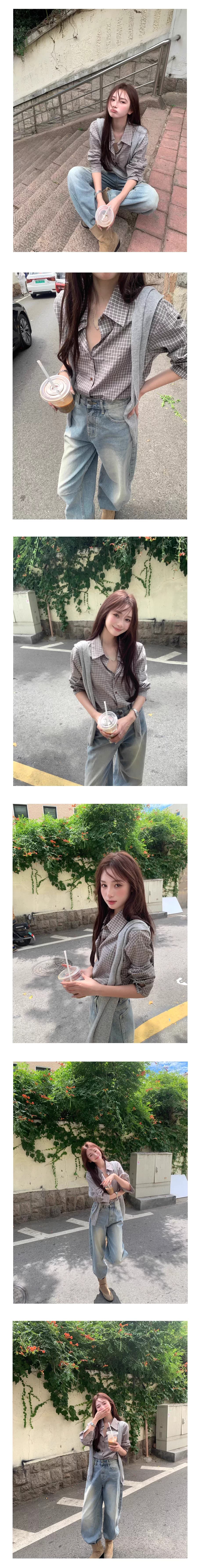 50 면 원본 한 부서 레트로 체크무늬 긴팔 여성 셔츠 루즈핏 캐주얼 작은 키 디자인 셔츠 상세 이미지 4