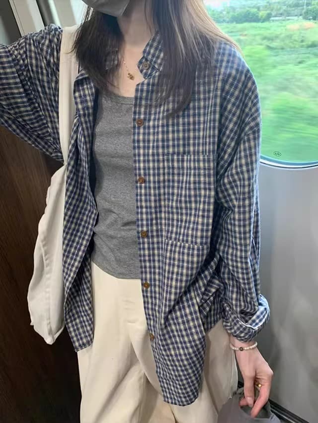 파란색 체크무늬 자외선 차단 셔츠 여성 코트 여름 작은 키 셔츠 재킷 루즈핏 느긋한 긴팔 맨위 상세 이미지 2