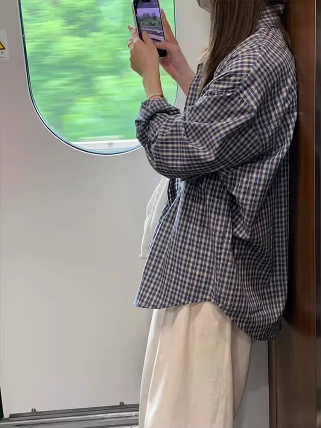 파란색 체크무늬 자외선 차단 셔츠 여성 코트 여름 작은 키 셔츠 재킷 루즈핏 느긋한 긴팔 맨위 상세 이미지 3