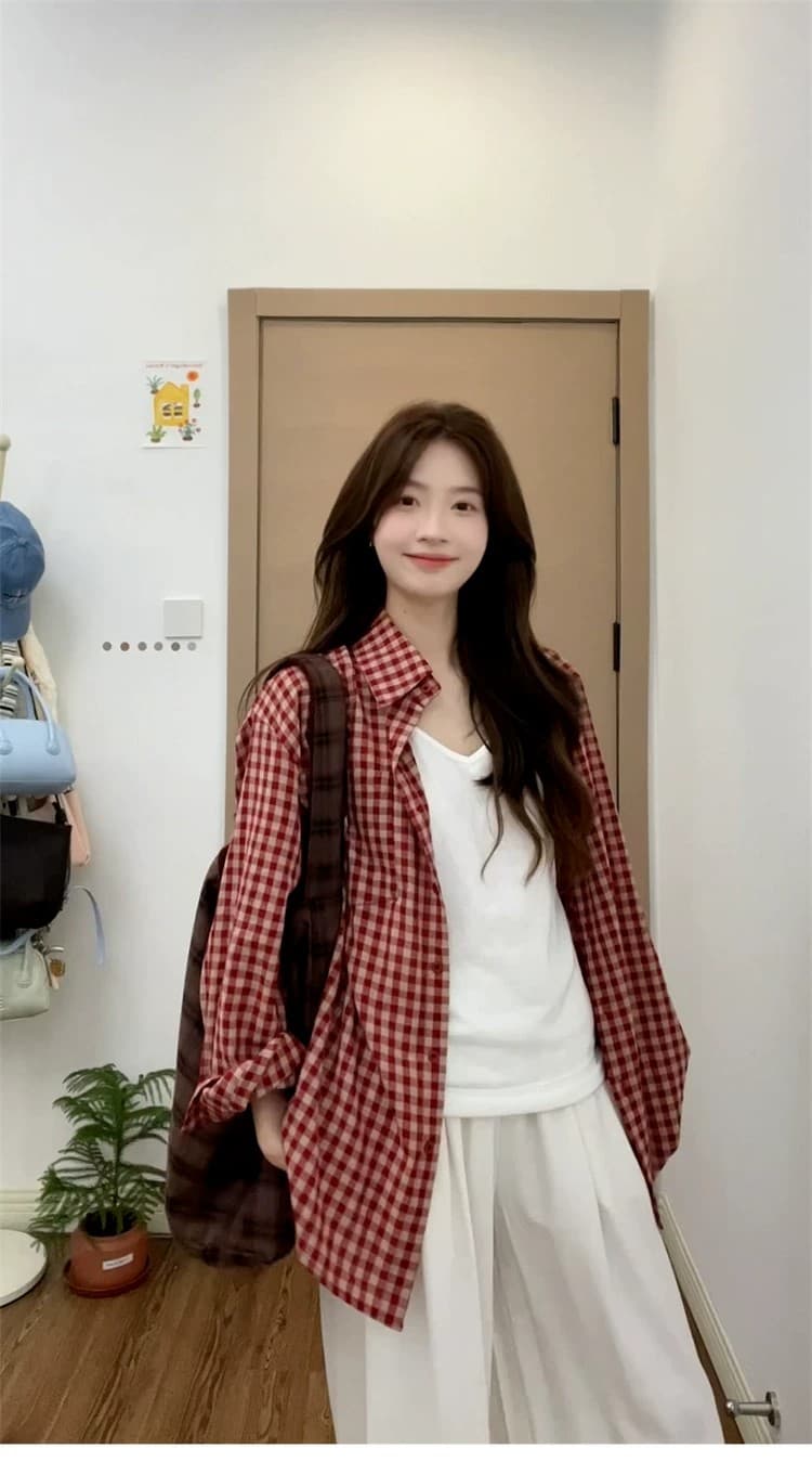 느긋한 바람 빨간색 체크무늬 긴팔 셔츠 재킷 여성 의류 여름 고급 센스 셔츠 루즈핏 슬림해 보이는 맨위 오픈 가디건 상세 이미지 6