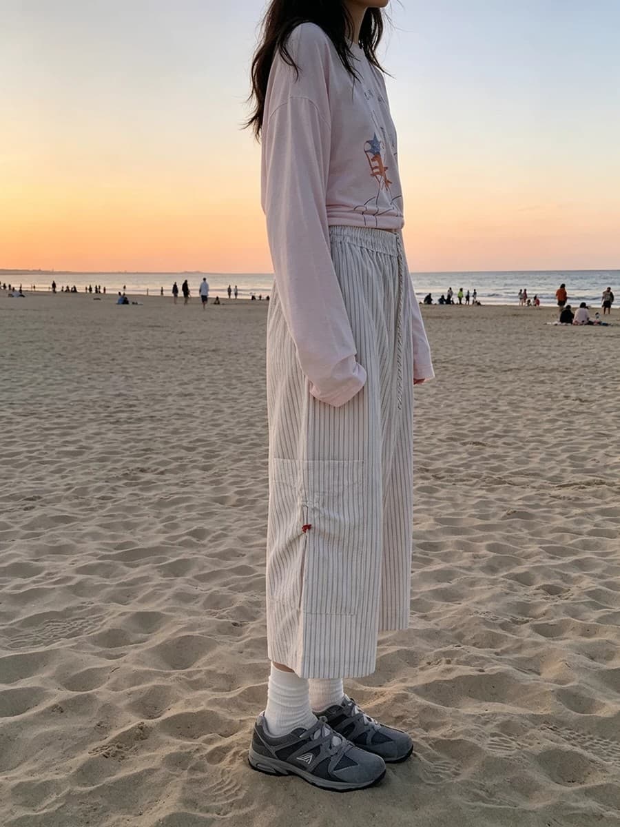 원본 셔틀 제직 스트라이프 스트레이트 캐주얼 바지 여성 여름 새로운 펌프 로프 한국 스타일 와이드 레그 팬츠 이미지 3